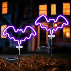 2 Pcs Halloween Decoration Outdoor Solar Halloween Garden Stake Lights Neon Solar Outdoor Waterproof Decoration with Stake for Garden Monument Yard Party Supplies(Bat)