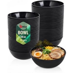 bUCLA 50 Pack Black Plastic Serving Bowls - 24oz Black Disposable Bowls for Dessert, Soup, Cereal, Salad & Fruit - Ideal for Wedding & Party