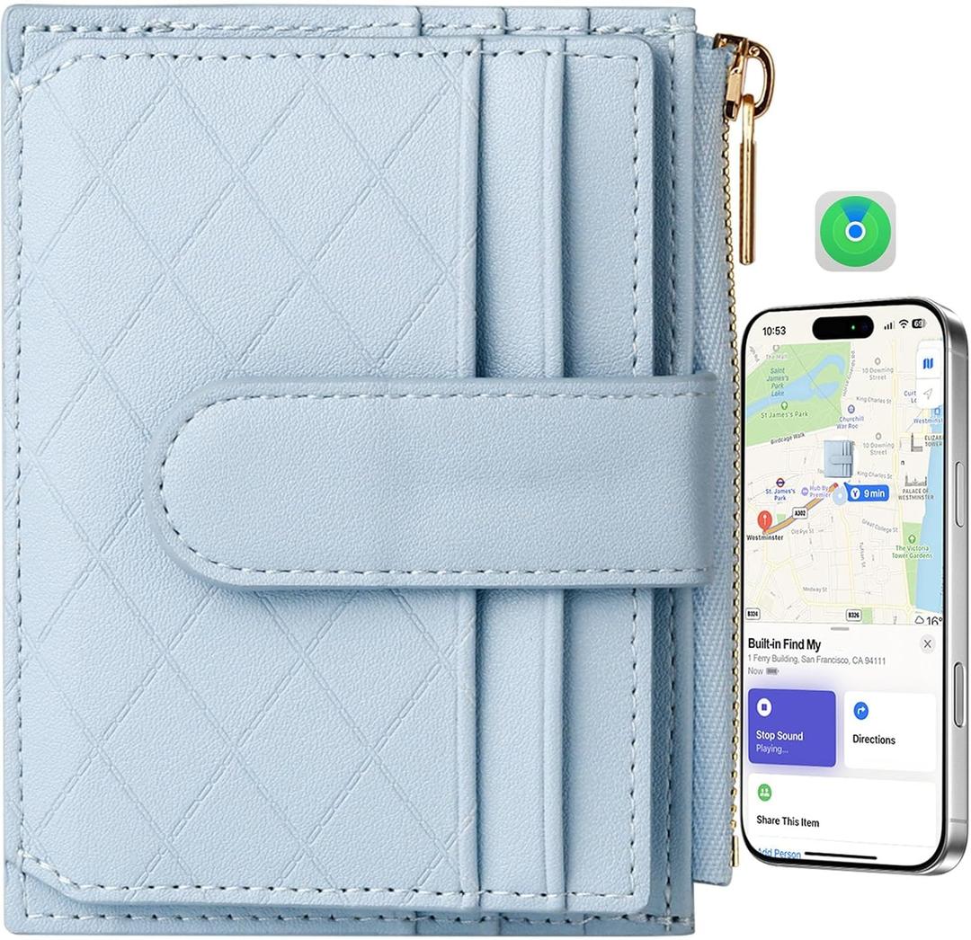 Women's Wallet Built-in Anti-Loss Tracker, RFID Blocking Small Compact Card Holder Wallet for Women Soft PU Leather Bifold Pocket Wallet Ladies Mini Purse with Zipper Pocket, ID Window (Light Blue)