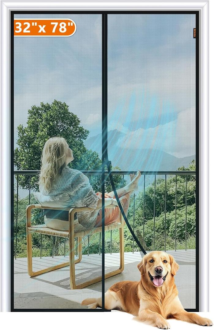 MAGZO Magnetic Screen Door Fit Door Size 32 x 78 Inch, Screen Size 34" x 79" Strong Magnets Mesh, Reinforced Fiberglass Net for Patio and Front Entrances, Gray