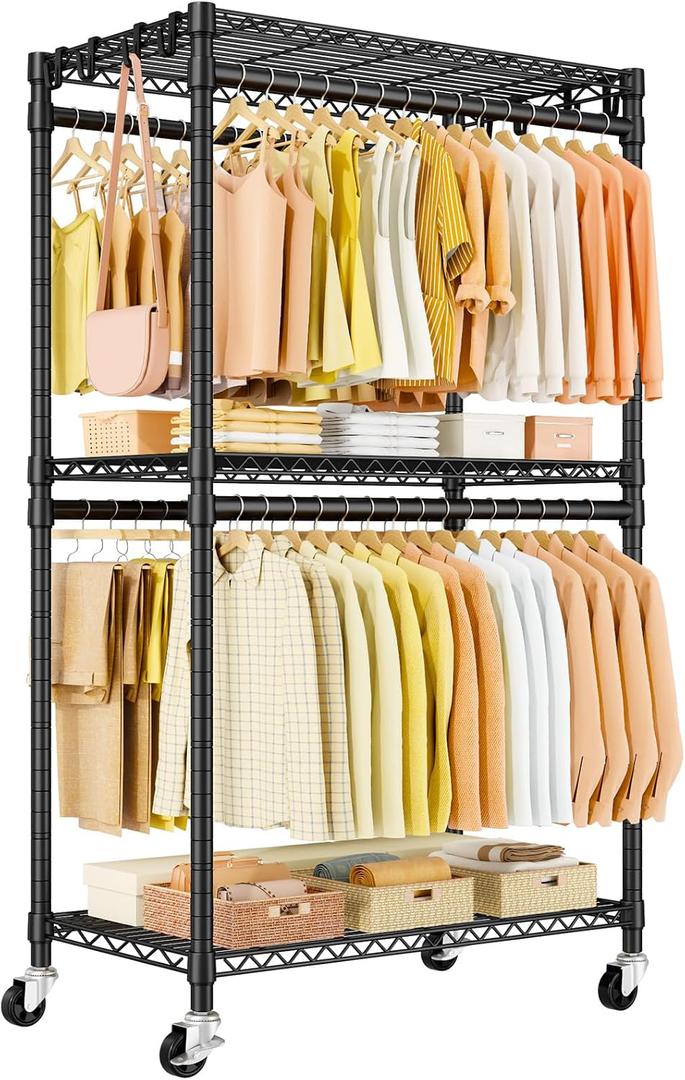 P5 Rolling Clothes Rack, Clothing Racks for Hanging Clothes, Black
Heavy Duty Garment Rack with Wheels, 3-Tier Shelves, Portable Closet Racks 39.4'' W × 20.5'' D × 80.5'' H, Max Load 650 Lbs