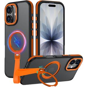 360Spin Magnetic Stand Compatible with iPhone 17 Case, Ring Holder&Kickstand with Silicone Strap[Fit for MagSafe], Mil-Grade Shockproof Protective Translucent Phone Case (Orange)