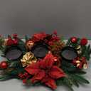 Christmas Table Centerpieces Decorations, 21 Inch Candelabrum with 3 Glass Candle Holders Designed Artificial Poinsettia, Red Berries and Snowy Pine Cones for Dining Room Table, Fireplace Mantel