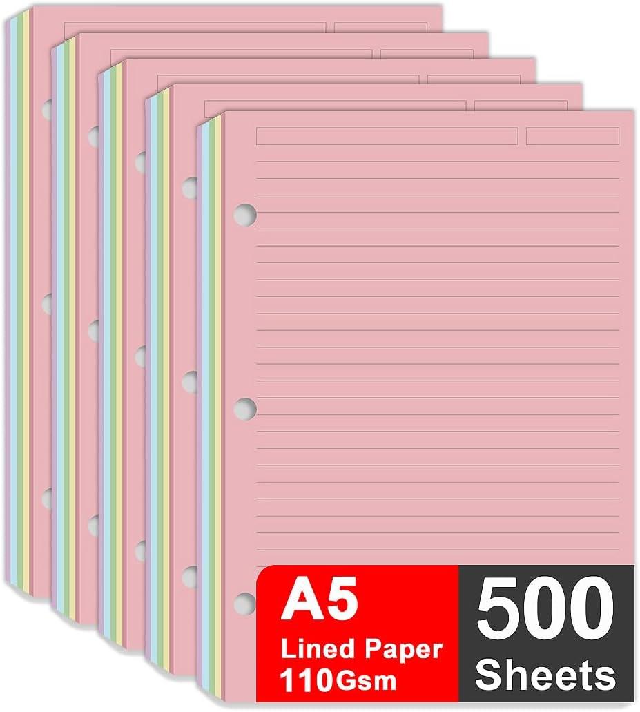 2 x (5 Pack) A5 Filler Paper, 3 Hole Notebook Refills Paper for 3 Ring Refillable Binder, 110 Gsm 5-Color Loose Leaf Planner Refill Paper, 500 Sheets/1000 Pages, 5.7x8.3 Inch