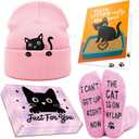 Cat Lover Gifts for Women, Cute Cat Beanie Hat and Funny Socks, Christmas Stocking Stuffers for Mom (Pink)