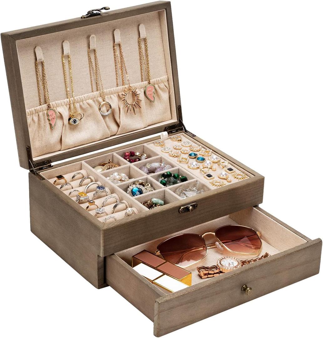 Pinzoveco Jewelry Box for Women, Rustic Wooden Jewelry Organizer Box for Storage Earrings Rings Necklace Bracelet, Farmhouse Style Wood Jewelry Boxes & Organizers (Gray)
