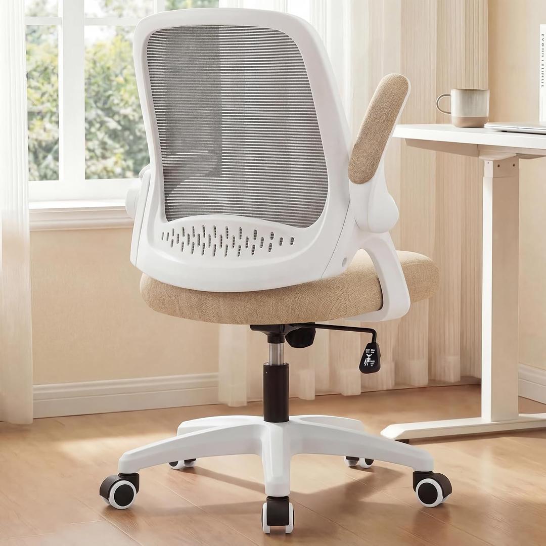 NEO CHAIR Office Desk Gaming Ergonomic Computer Chair with Lumbar Back Support Adjustable Height Swivel Rolling Wheels Flip-up Arms Mesh Chair for Home Vanity (Beige)