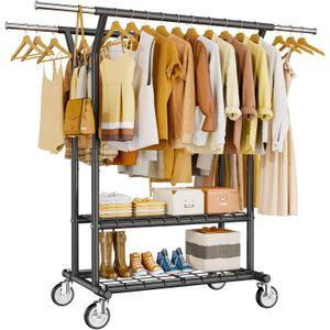 Heavy Duty Clothes Rack, Rolling Clothing Rack With Shelves Load 620 LBS, Double Rod Clothing Racks for Hanging Clothes, Portable& Adjustable Clothes Rack with Wheels,Black