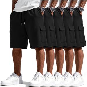Neer 5 Pack Men's 9'' Big and Tall Cargo Shorts, Loose Fit Drawstring Athletic Shorts with Pockets Summer Workout Casual (Black, L)