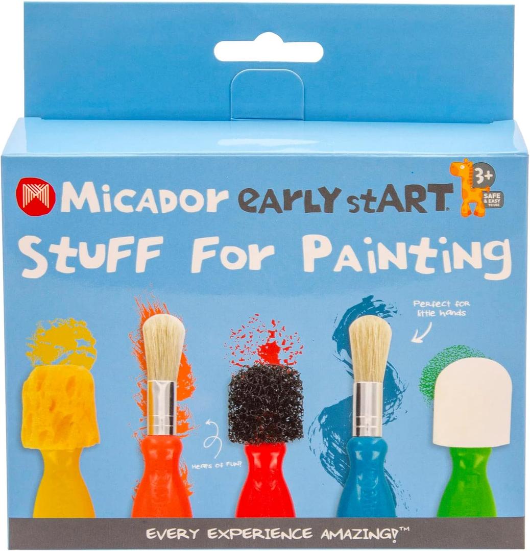Micador Early Start Stuff for Painting, 5-Piece Set - 3 Sponge + 2 Durable Bristle Brushes - Easy Grip - Rounded Handles - Ages 3+