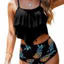 Womens Tankini Swimsuits Ruffled Tank Top Tummy Control Floral Modest Swimwear High Waisted Bikini, M
