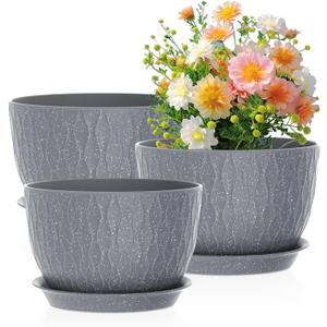 12/10/9 inch Large Flower Pots, 3 Set Big Plant Pots for Outdoor Indoor Plants with Water Ripples, Wide Plastic Planters with Drainage Holes and Saucers for Garden House Plants