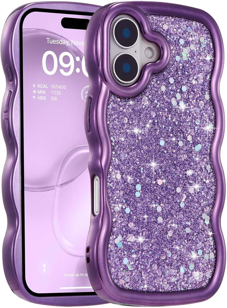 FABSPARK Case for iPhone 16 Plus,Crystal Diamond Rhinestone Shiny Bling Sparkly Glitter,Glossy Luxury Electroplated Curly Wavy Frame Wave Case,Aesthetic Cute for iPhone 16 Plus,Purple