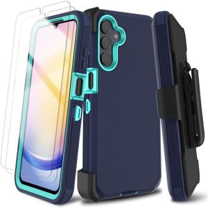 for Samsung Galaxy A25 5G Case with Screen Protector, Belt Clip Holster Kickstand Rugged Full-Body Heavy Duty Protection Military Grade Shockproof Cell Phone Cover (Dark Blue/Blue Green)