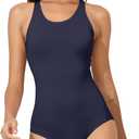 Beautikini Period Swimwear Women's One Piece Leak Proof Menstrual Bathing Suit Racerback Training Swimsuit for Teens Girls (Medium, Navy Blue)