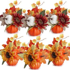 6 Pcs Fall Decorations - Fall Centerpieces with Artificial Pumpkins Maple Leaves Sunflowers Berries for Thanksgiving Dinner Table Fireplace Room Porch Fireplace Home Indoor Decor
