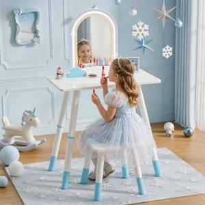 TOLEAD Blue Kids Vanity Table and Chair Set, Adjustable Height Kids Vanity with LED Lights, Princess Girls Vanity Set with Stool, Toddler Make Up Vanity Desk with Storage Space for Little Girls