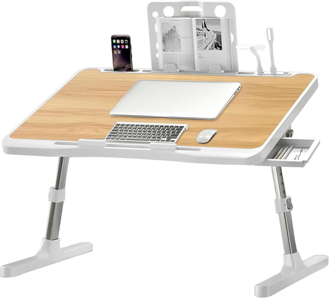 Laptop Desk for Bed, Adjustable Beds Table with USB Charge Port, Foldable Laptop Table with Storage Drawer, Portable Laptop Bed Desk Tray for Eating Working Writing Reading (Yellow)