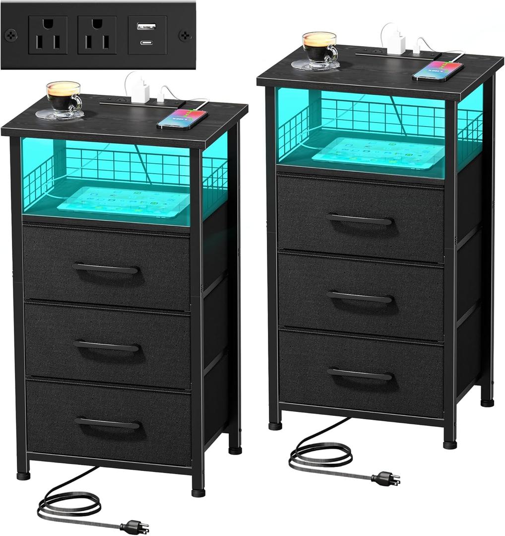 Night Stand Set 2 with Charging Station, End Table Set of 2 with 20 Colors LED Light Strip, 3 Fabric Drawers, Bedside Table with USB Ports and Outlets for Bedroom (Black)