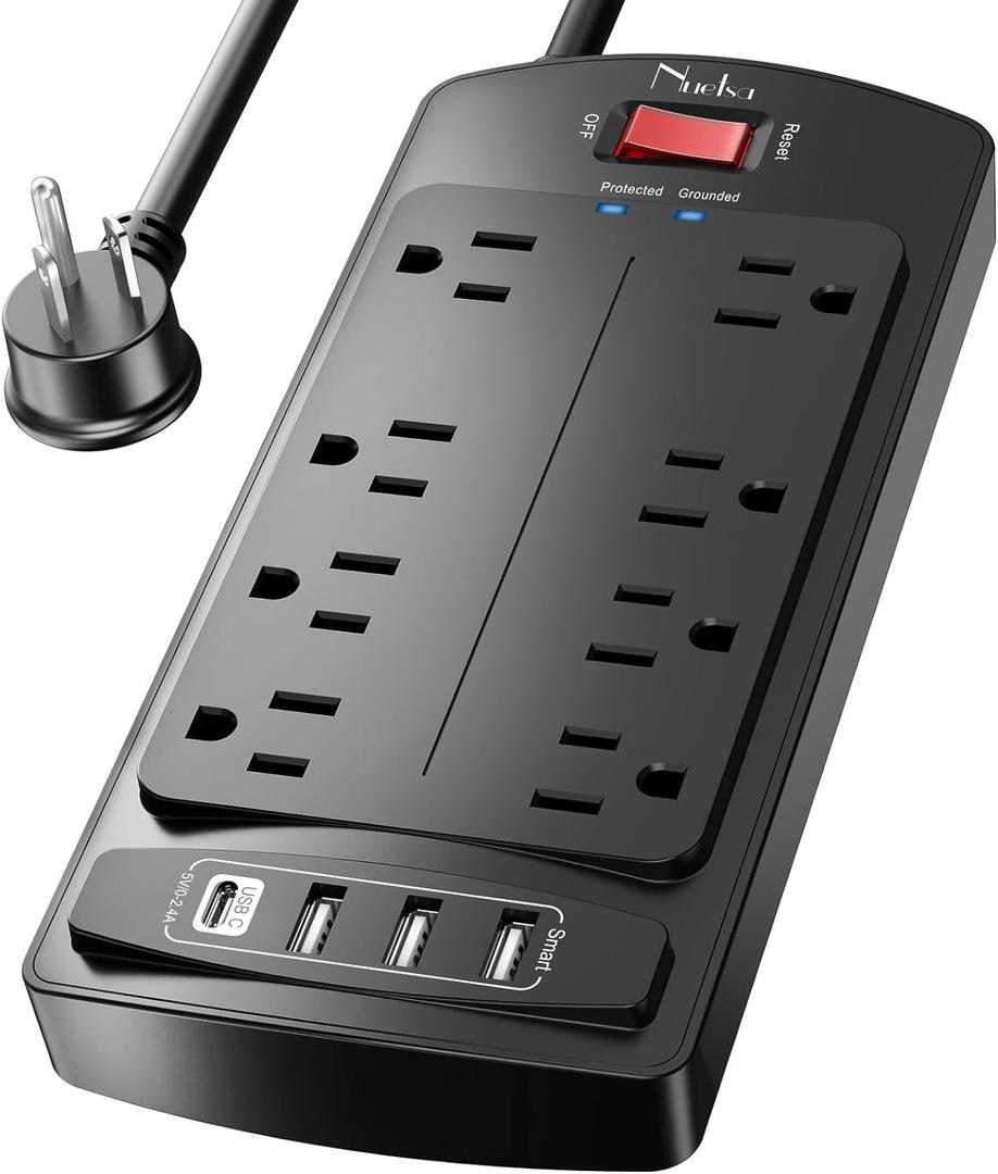10 Feet Surge Protector Power Strip - Nuetsa Extension Cord(1625W/13A) with 8 Outlets and 4 USB Ports, Flat Plug, 2700 Joules, for Home, School, College Dorm Room, and Office, ETL Listed, Black