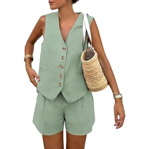 PRETTYGARDEN Women's Summer 2 Piece Outfits Sleeveless Matching Sets Button Down V Neck Vest Waistcoat and Pockets Shorts (Light Green)