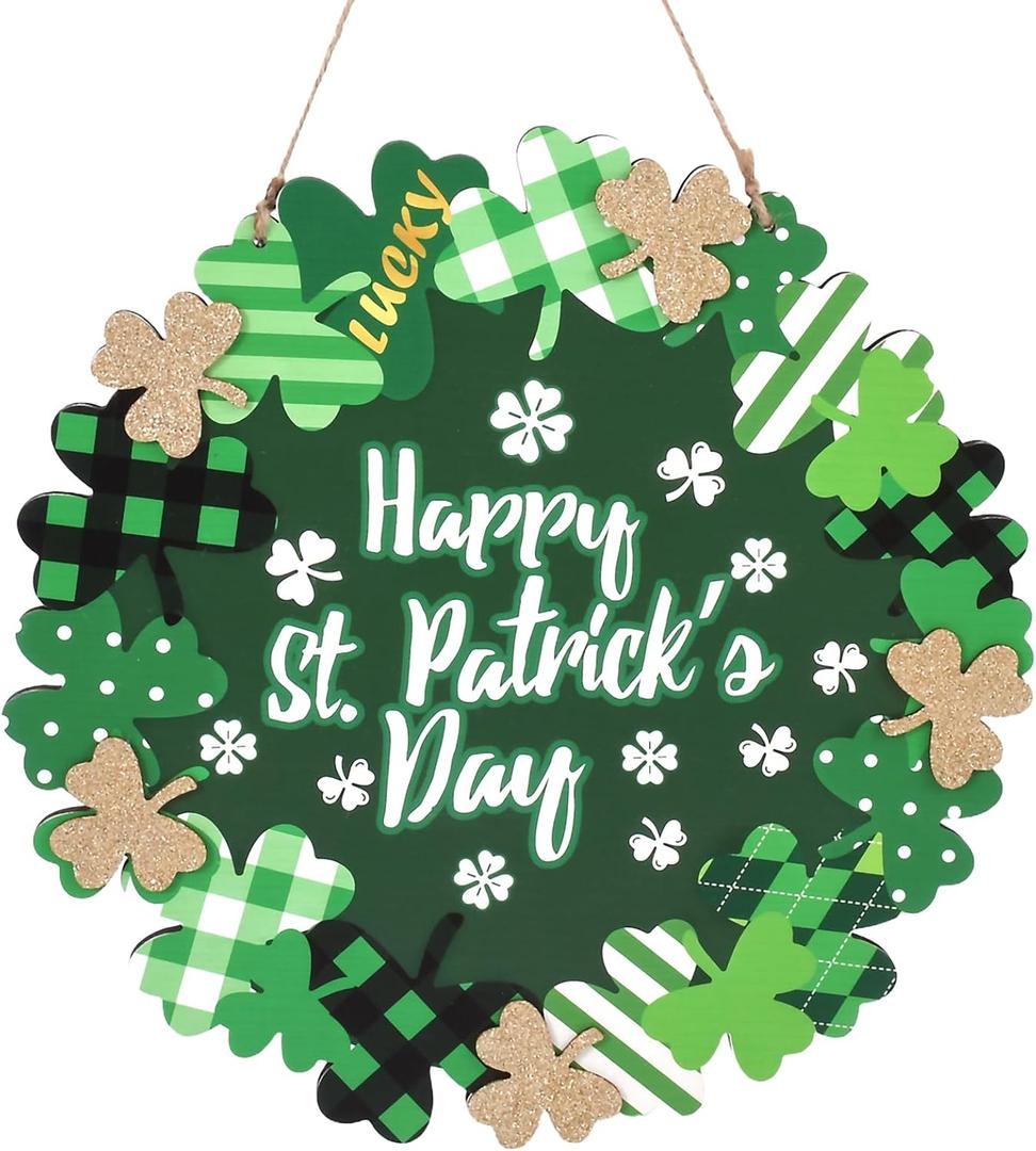 St Patricks Day Decorations, Green Shamrock Hanging Welcome Sign St Patricks Day Door Decor for The Home, Glitter Pediment Plaque Lucky Festive St Patricks Day Wreaths for Front Door Front Porch Wall