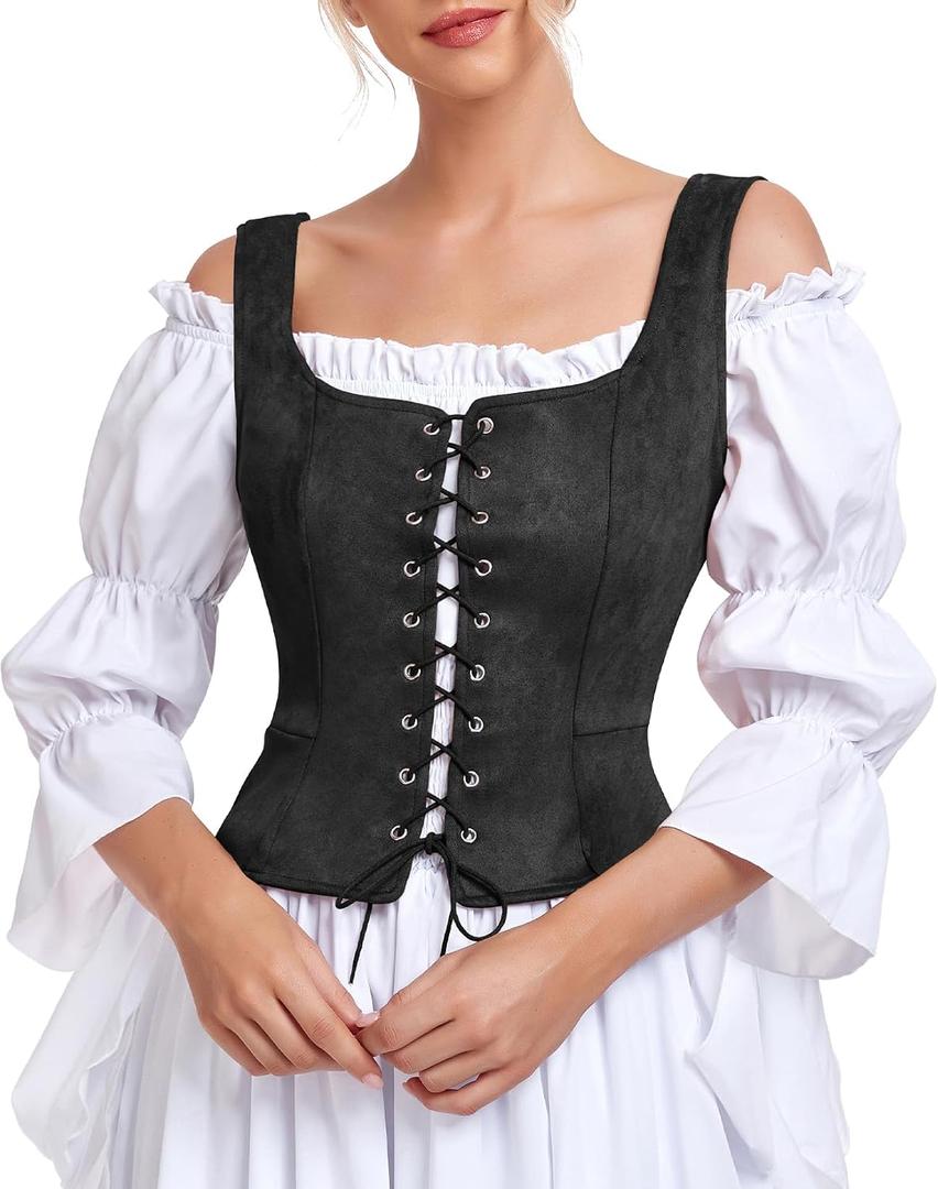 Century Star Black Corset Tops for Women Pirate Vest Renaissance Costume Women Ren Faire Medieval Victorian Floral Lace Up Steampunk Gothic Viking Bodice Crop Bustier Halloween Costumes Plus Size S