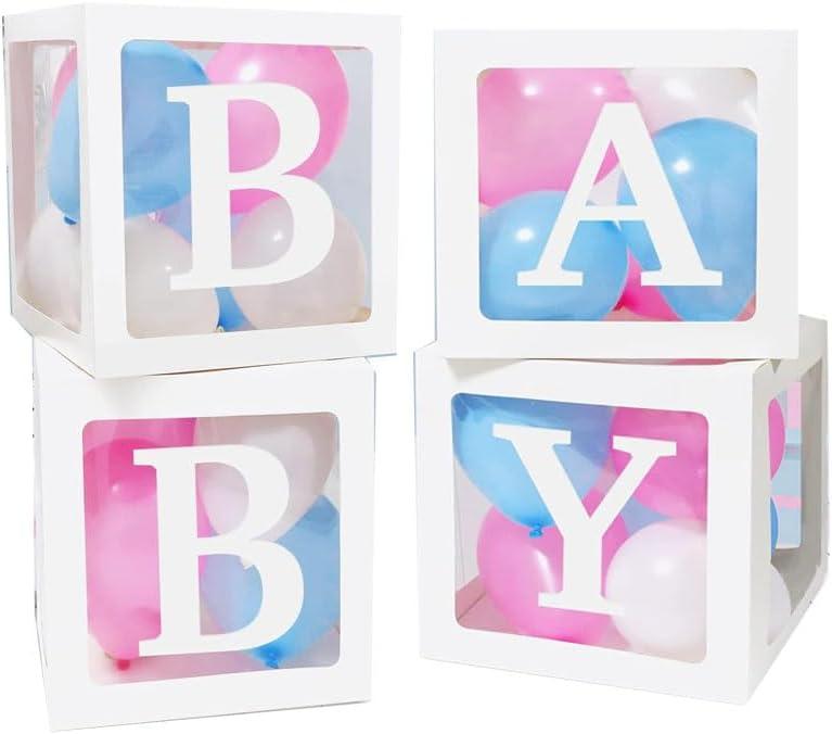 Baby Clear Boxes with Letters for Gender Reveal Decorations Transparent Baby Blocks Baby Shower Favor Containing 4 letters and 36 balloons