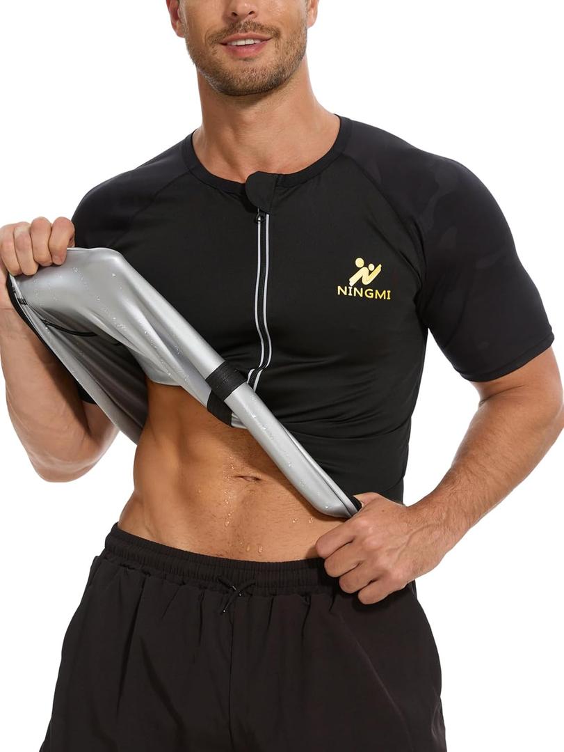 Sauna Suit for Men Hot Sweat Suit Sauna Shirt Sweat Body Shaper Workout Neoprene Suit Zipper Short Sleeve (XX-Large, Silver Coated-black)