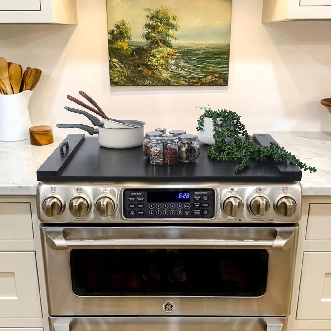 SwallowLiving Wood Noodle Board Stove Cover with Handles, Wooden Stovetop Cover Board for Gas Stove and Electric Stove Top,Kitchen Sink Cover for Counter Space, Cutting Board, Black, 29.5"L x 22"W