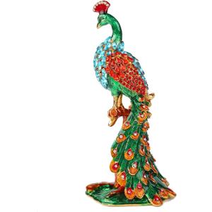 Peacock Trinket Boxes Hinged Enamel Hand-Painted Animals Craft Ornaments Decorative Jewelry Box Unique Gift for Home Decor (Green)