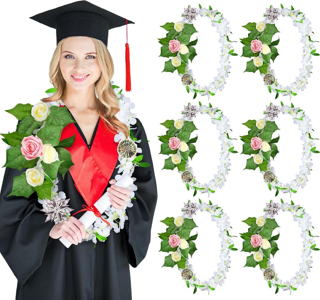 6 Pcs Hawaiian Graduation Lei 47 Inch Class of 2025 Graduation Artificial Flower Lei Rose Leaf Necklaces Wreath Garland Gift for Hawaiian Wedding School Ceremony Luau Party Supplies