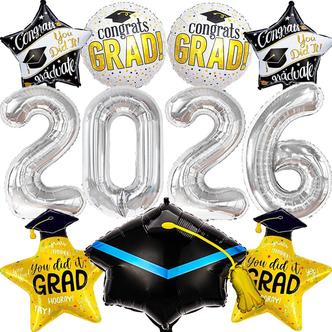5 x 2026 Graduation Balloons Silver 2026 Balloon Congrats Balloons Graduation Cap Balloon for Graduation Decorations Class of 2026