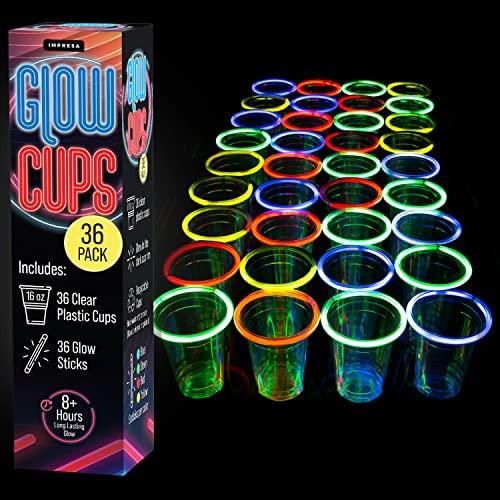 IMPRESA [36 Pack] Glow in the Dark Cups with Multi Color Neon Glow Sticks for Parties - Clear Plastic - Party Supplies and Party Favors - 16 oz