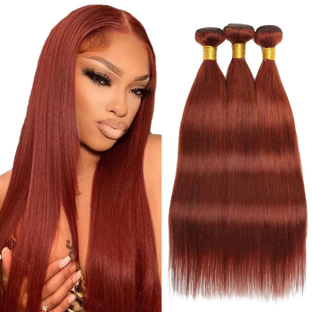 Auburn Bundles Human Hair Color 33 Straight Bundles 18 20 22 Inch Huxowax Brazilian Virgin Remy Hair Extensions Double Weft Soft and Silky Copper Brown Straight Bundle Hair Weave 300g