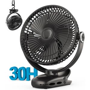 10000mAh 30hrs Portable Fan Rechargeable, 8-Inch Battery Operated Clip on Fan, USB Fans, 4 Speeds, Strong Airflow, Sturdy Clamp for Golf Cart Office Desk Outdoor Travel Camping Bed Truck Treadmill (Black)
