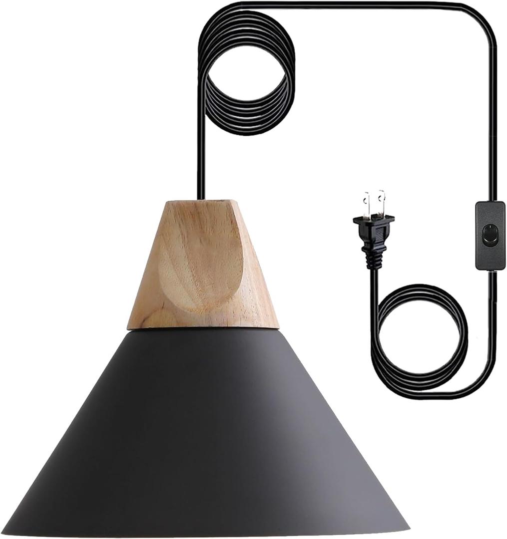 Modern Plug in Pendant Light,Haning Light with 16.4ft Cord, On/Off Switch,Hanging Light with Plug in,Solid Wood,Matte Black Modern Plug in Pendant Light,Haning Light with 16.4ft Cord, On/Off Switch,Hanging Light with Plug in,Solid Wood,Matte Black