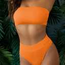 Pink Queen Women's Ribbed High Waisted Bikini Set Removable Strap Bandeau Swimsuit (Orange, XL)