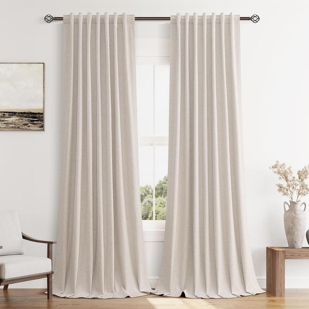 Guken Sand Linen Blackout Curtains 102 Inch Length 2 Panels Set for Living Room Bedroom Back Tab Thermal Insulated 100% Black Out Linen Drapes Room Darkening Window Curtains 102 Inches Long