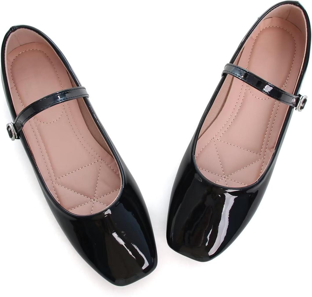 LUXINYU Women's Patent Leather Mary Jane Flats Square Toe Ballet Shoes with Buckle Strap Comfortable Dress Shoes, Black, 6.5
