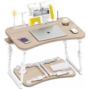Lap Desk for Bed Adjustable Height, Foldable Bed Table with Storage Drawer, Tablet Slot & Cup Holder, Portable Laptop Stand for Bed & Sofa, Bed Desk for Adults & Kids, Glacier