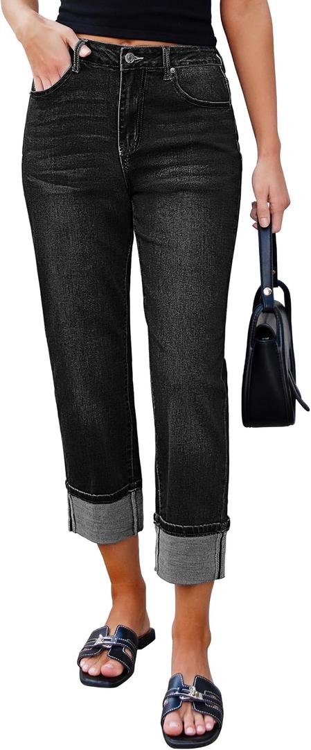 luvamia Straight Leg Jeans for Women Trendy Cropped High Waisted Cuffed Hem Stretchy Boyfriend Capri Jeans with Pockets Medium, Washed Black