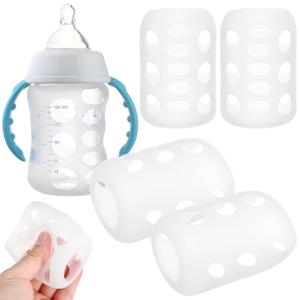 Kisangel 4Pc Silicone Baby Bottle Covers Protective Sleeves for Glass Bottles Nursery Feeding Bottle Cap Cover Shockproof Anti-Skid 3.34X2.24X2.24In