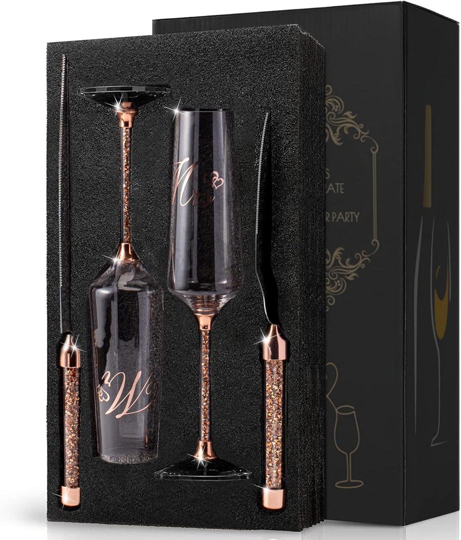 Wedding Champange Flutes and Cake Knife Server Set, Rose Gold Mr and Mrs Champagne Glasses for Bride and Groom Toasting