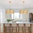 5-Light Rattan Drum Chandelier 19.7'' Boho Gold Pendant Light | Modern Hanging Light Fixture for Dining Room Kitchen Island Bedroom Hallway