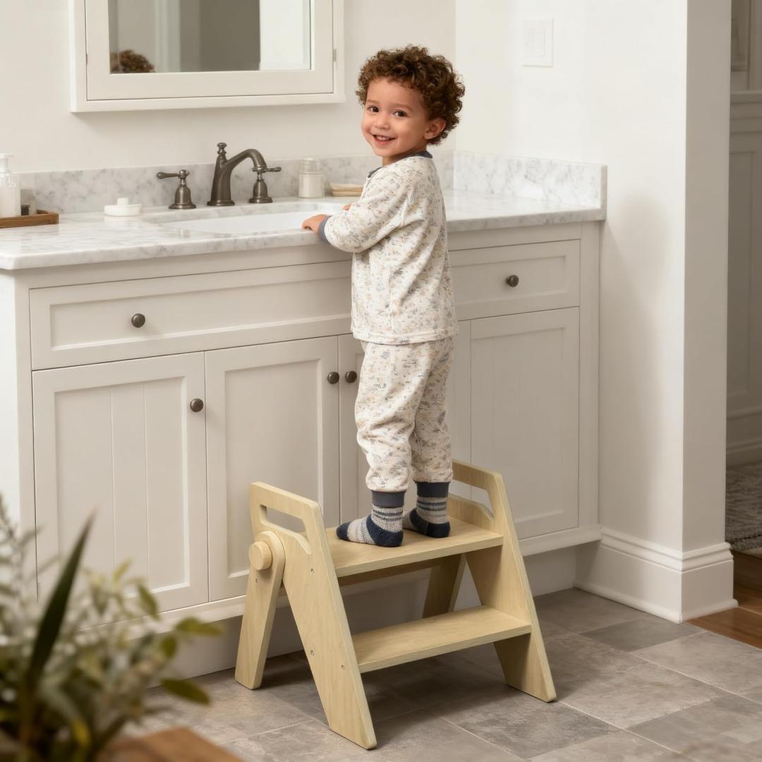 Toddler Kids Step Stool: Wooden 2 Step Stool for Bathroom Sink, Foldable, Natural Wood Color