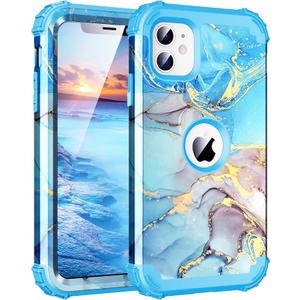 BQQFG for iPhone 12 Case,Marble Design Three Layer Heavy Duty Shockproof Hybrid Hard Plastic Bumper Soft Silicone Rubber Drop Protective Cover Case for iPhone 12 6.1",Blue