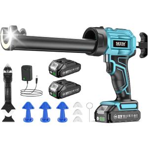 SEESII Cordless Caulking Gun, 21V Battery Powered Caulk Gun, Electric Caulking Gun w/2 x 2.0Ah Batteries, 9Pcs Caulk Remover Tool, LED Light, Auto Retract for Filling, Sealing (10oz)