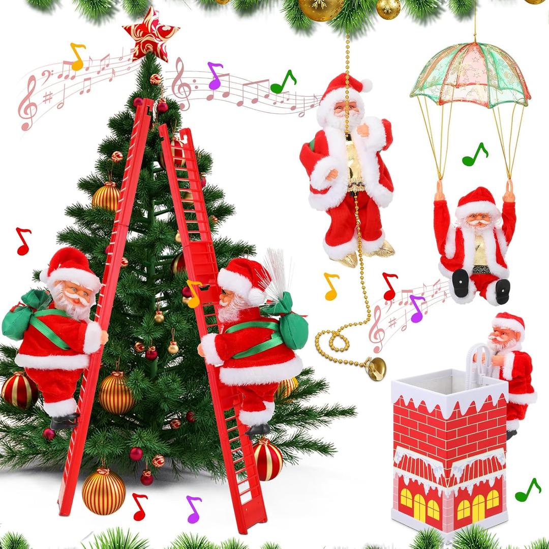 Poen 5 Pcs Electric Climbing Santa Decoration - Santa Claus Climbing Tree Rope Ladder Parachute Somersault Musical Hanging Ornaments for Home Xmas Gift Party, 5 Styles