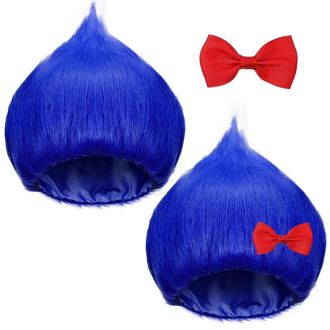 Geyoga 2 Set Blue Wig with Red Bow Unisex Funny Crazy Hair Wig Hairy Costume for Halloween Costume Cosplay Party(Royal Blue)